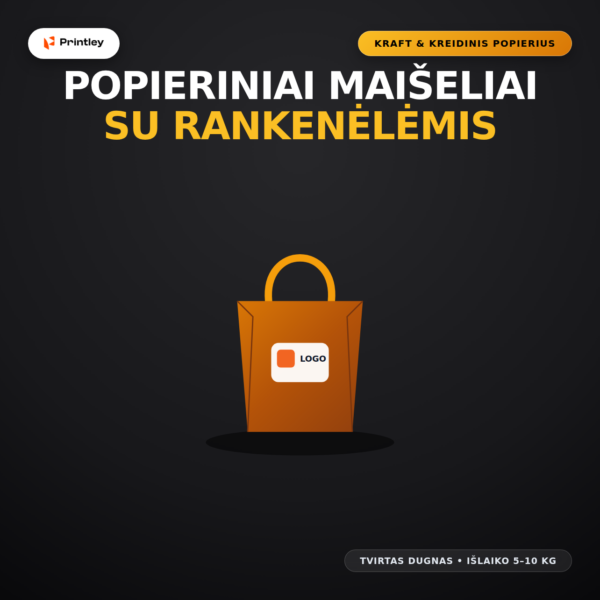Firminiai popieriniai maišeliai su virvelinėmis rankenėlėmis