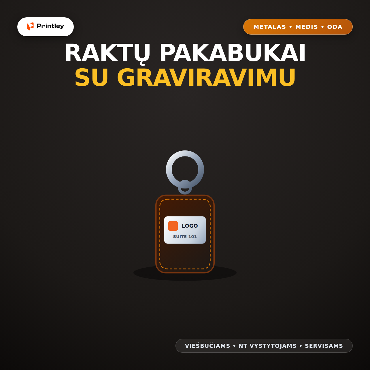 Graviruoti raktų pakabukai su logotipu (Metalas, medis, oda)
