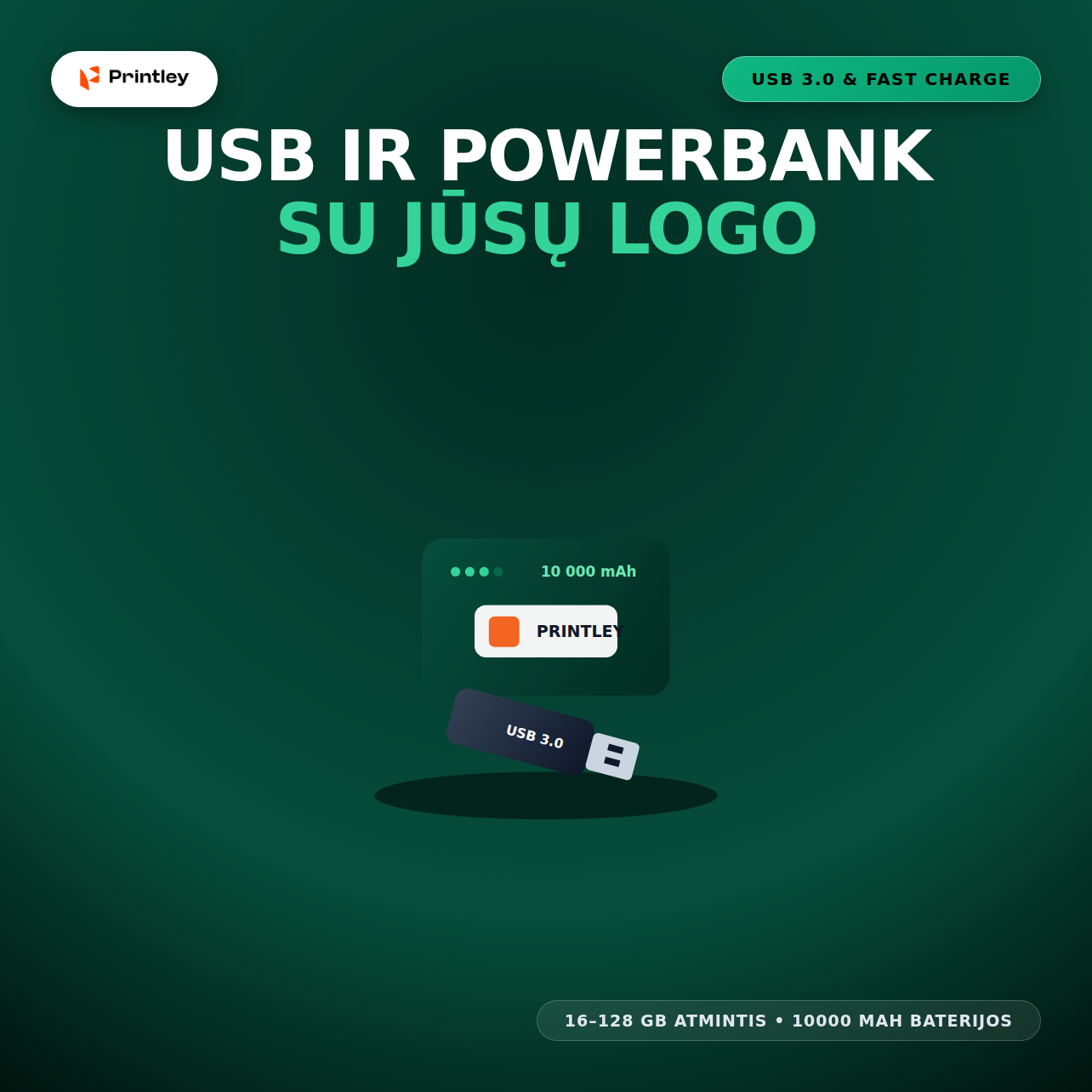 USB atmintinės ir Powerbank išorinės baterijos su logotipu