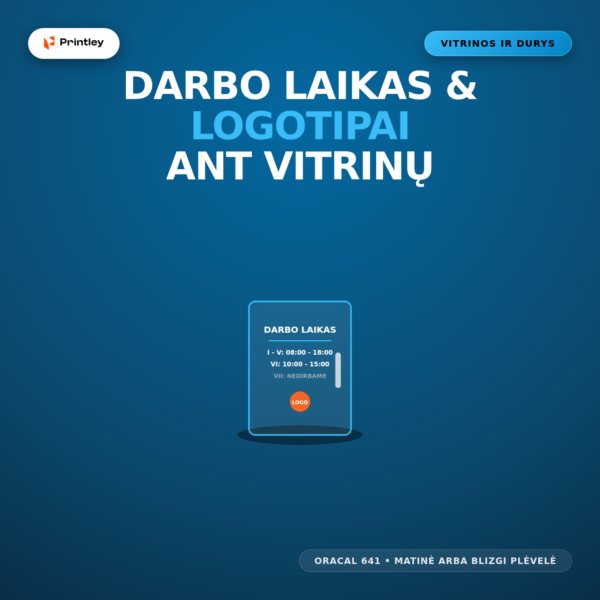 Vitrinos darbo laiko ir logotipų lipdukai be fono